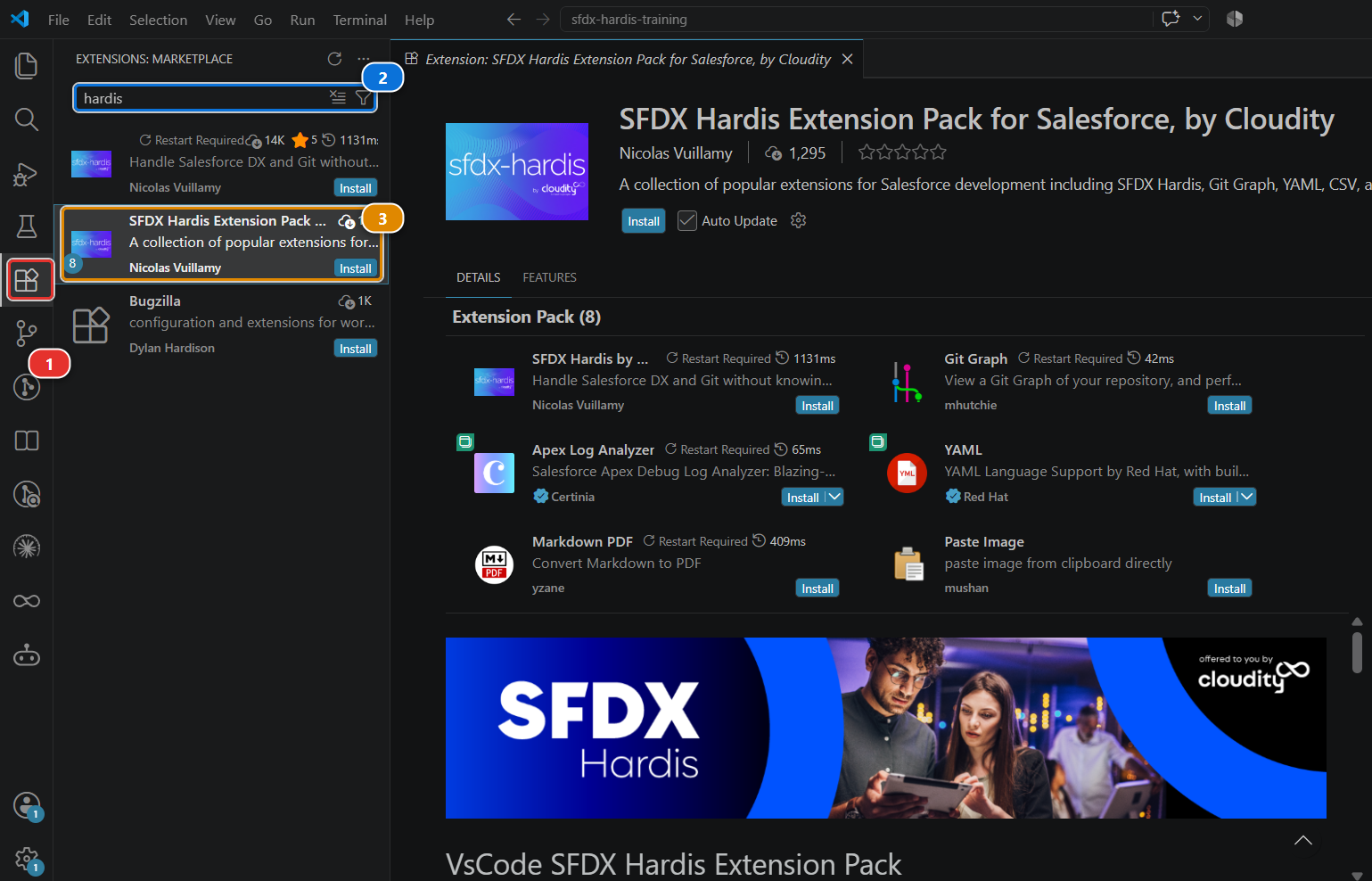 The Extensions view of VS Code, with hardis typed in the search box