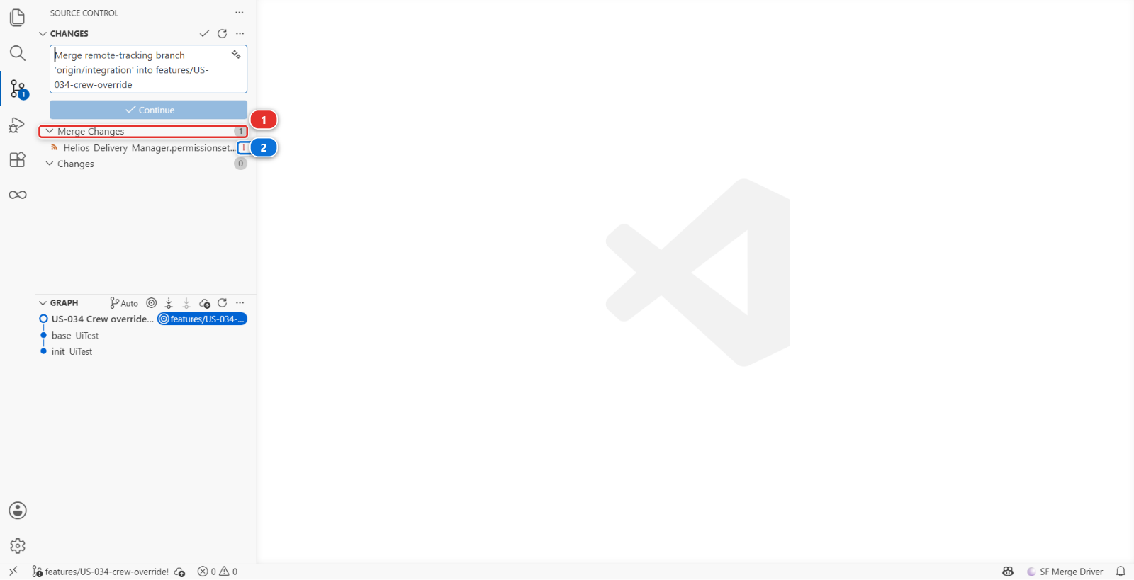 The Source Control panel with the conflicting files under Merge Changes