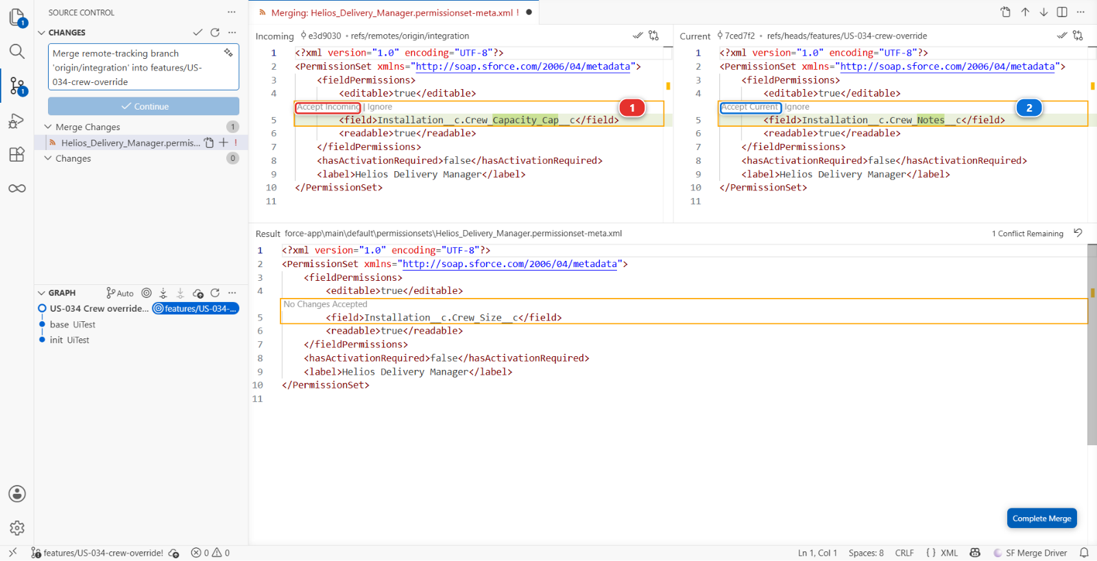 The merge editor, with Accept Incoming and Accept Current