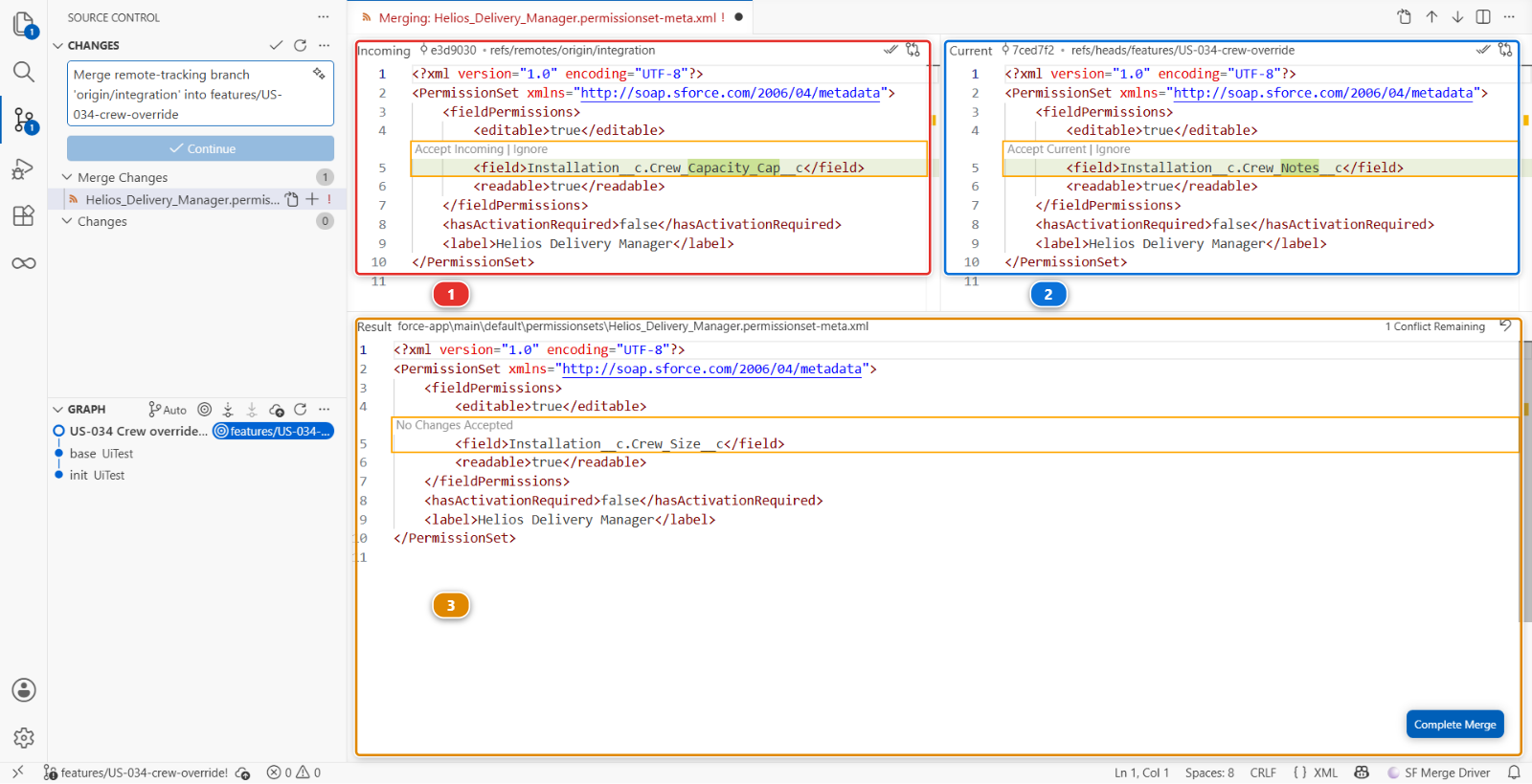 The merge editor on the Helios Delivery Manager permission set