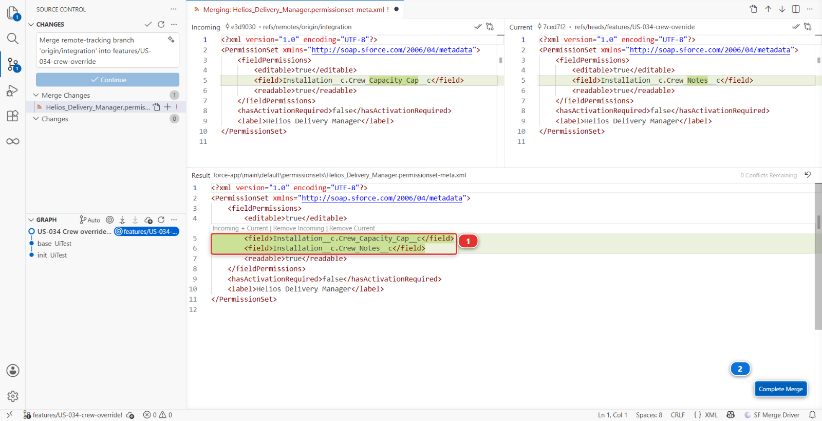 The merge editor after both sides were accepted, with Complete Merge