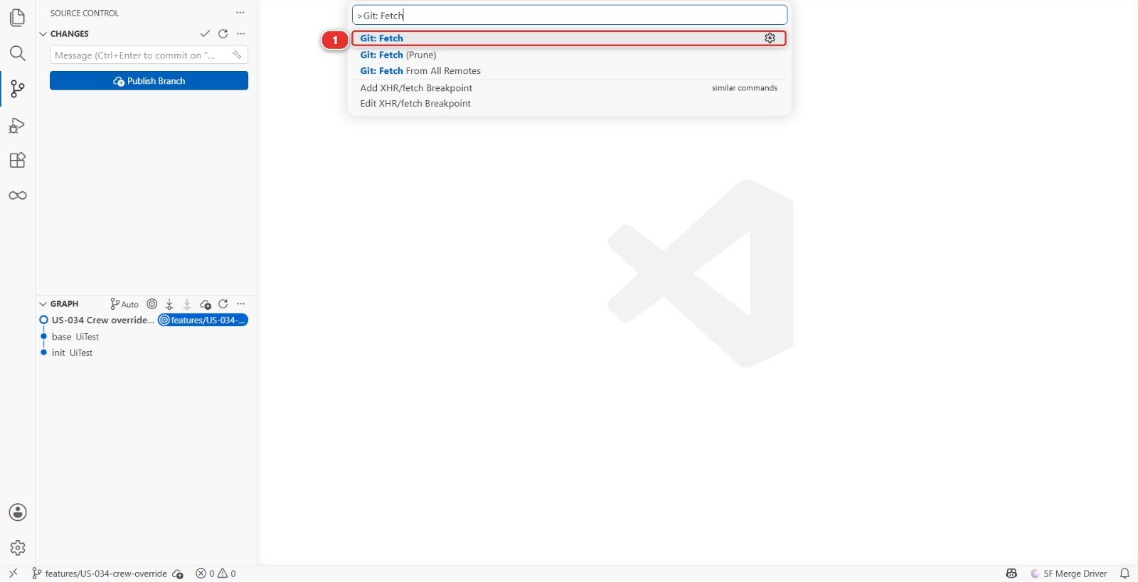The Command Palette filtered on Git: Fetch