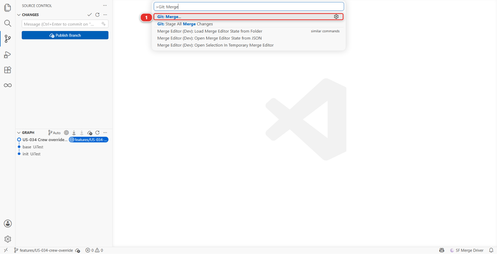 The Command Palette filtered on Git: Merge