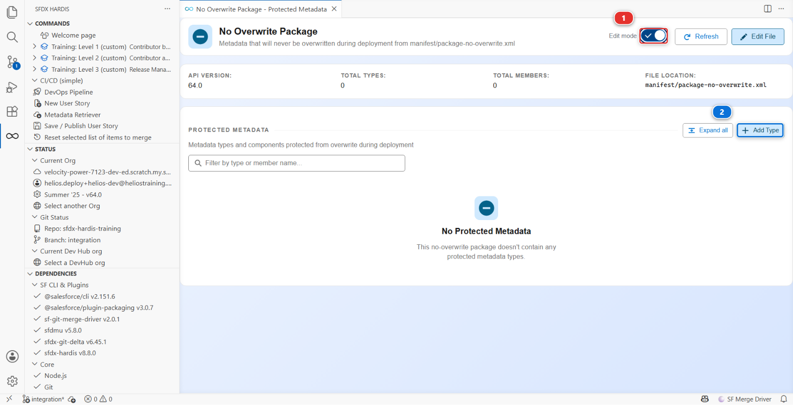 The package viewer on the empty no-overwrite list, in edit mode