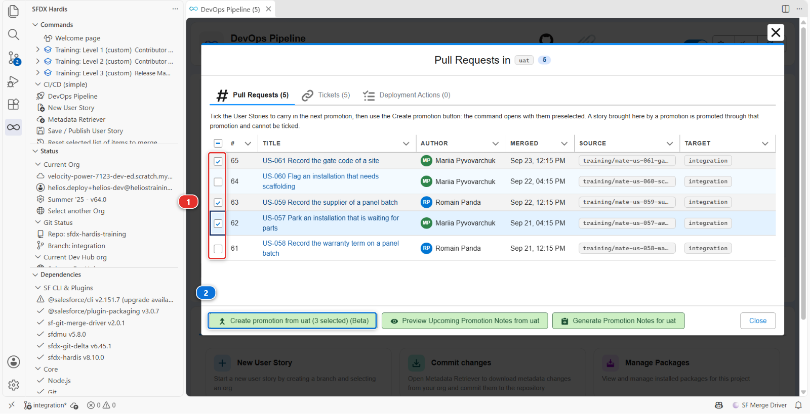 The uat branch window, with the checkbox column and the Create promotion button