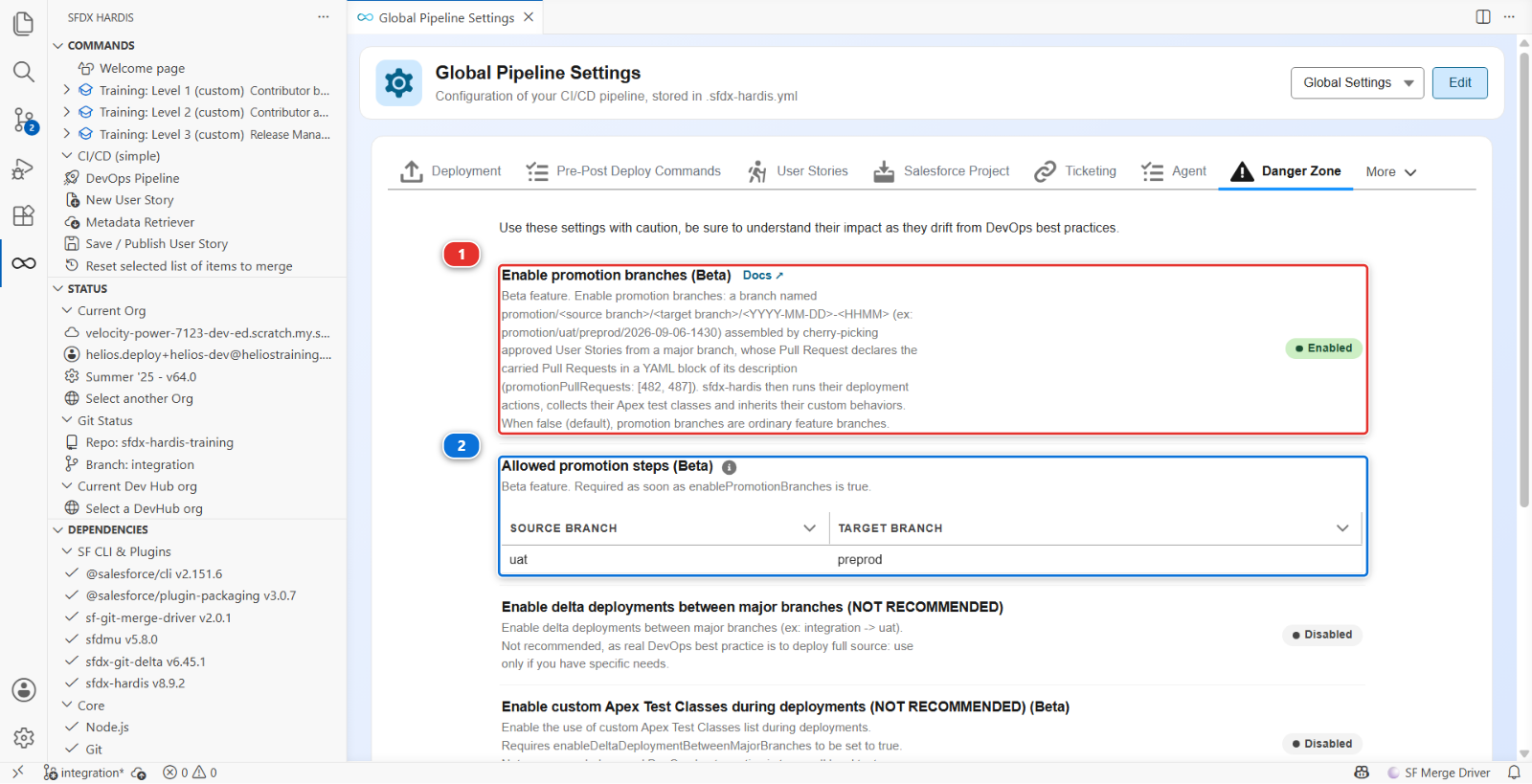 The Danger Zone of the Global Pipeline Settings, with the two promotion branch settings