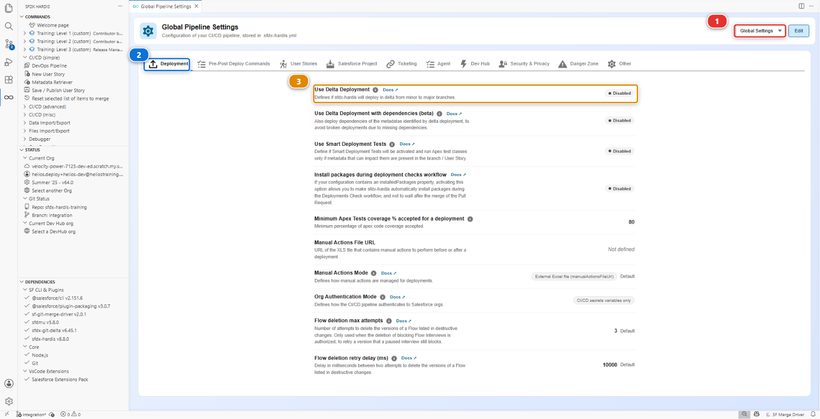 The Global Pipeline Settings panel, Deployment tab