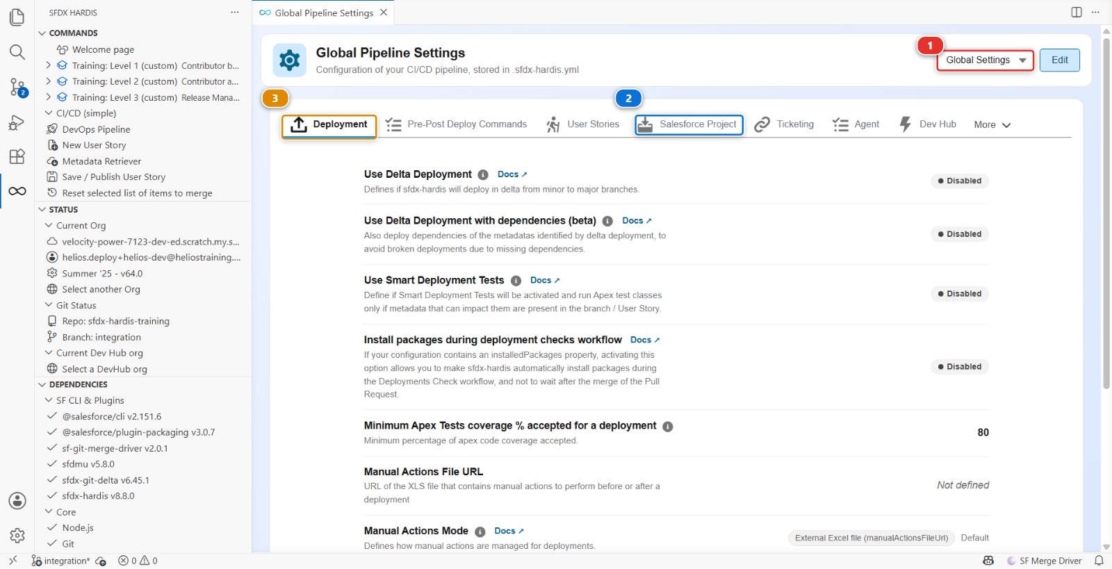 The Global Pipeline Settings panel, on its Deployment tab