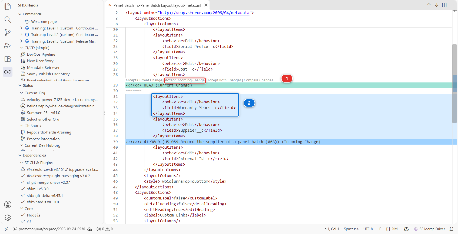 The Panel Batch layout open in the editor, with the conflict block and its Accept links