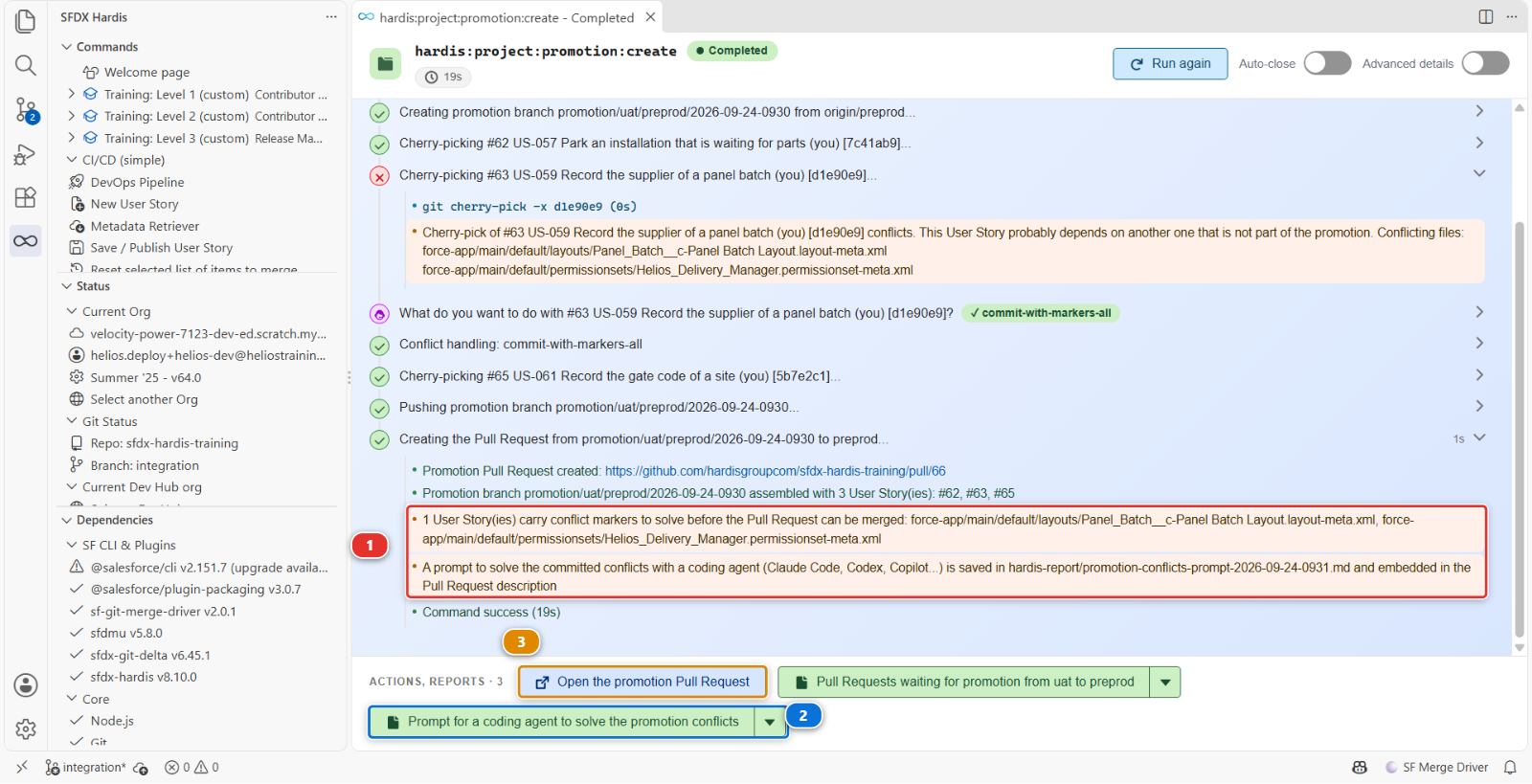 The end of the run, with the two warnings about the markers and the prompt file next to the Pull Request button