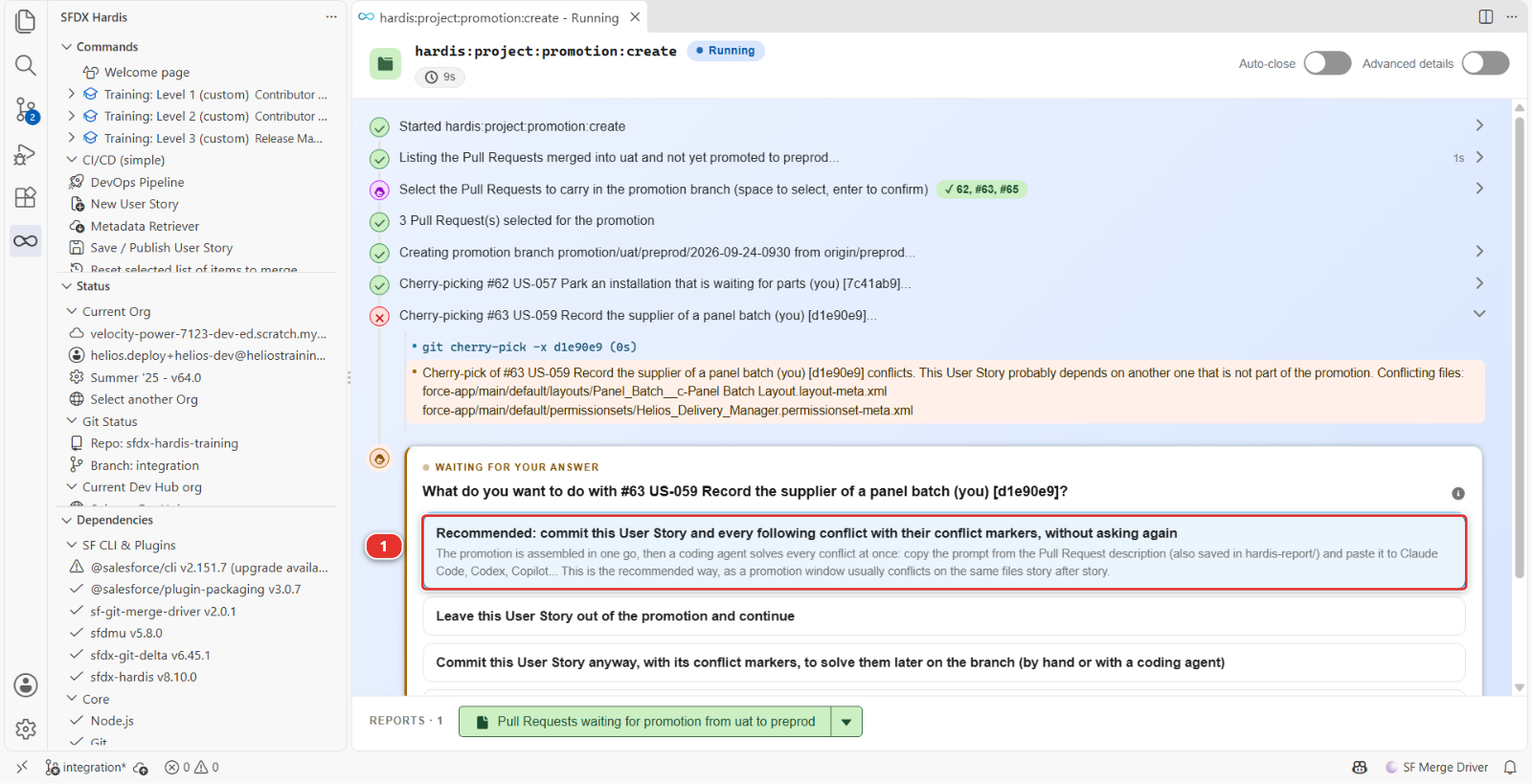 The command execution panel, stopped on the conflict question, with the recommended answer first