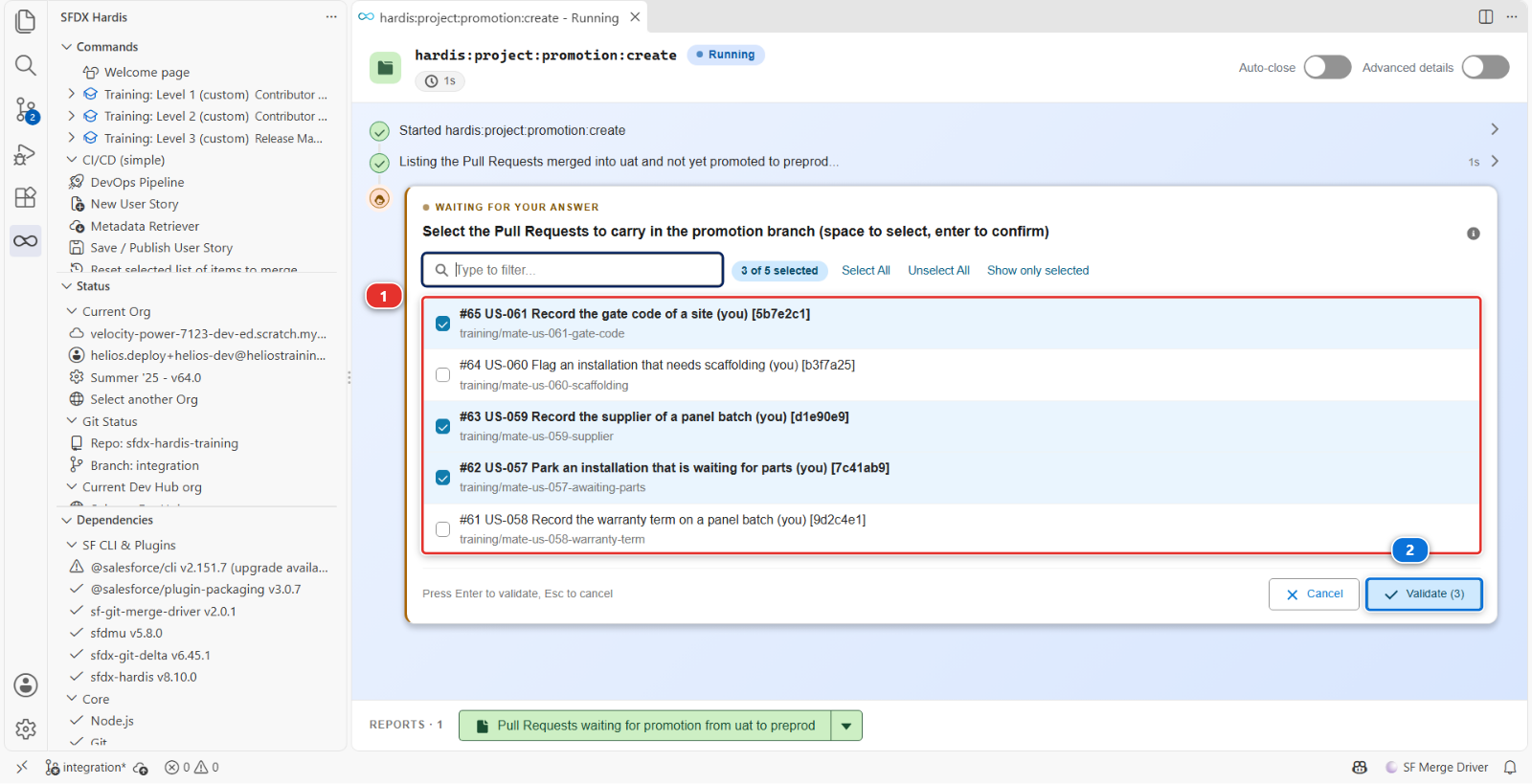 The command execution panel, stopped on the selection to confirm, with the three stories ticked