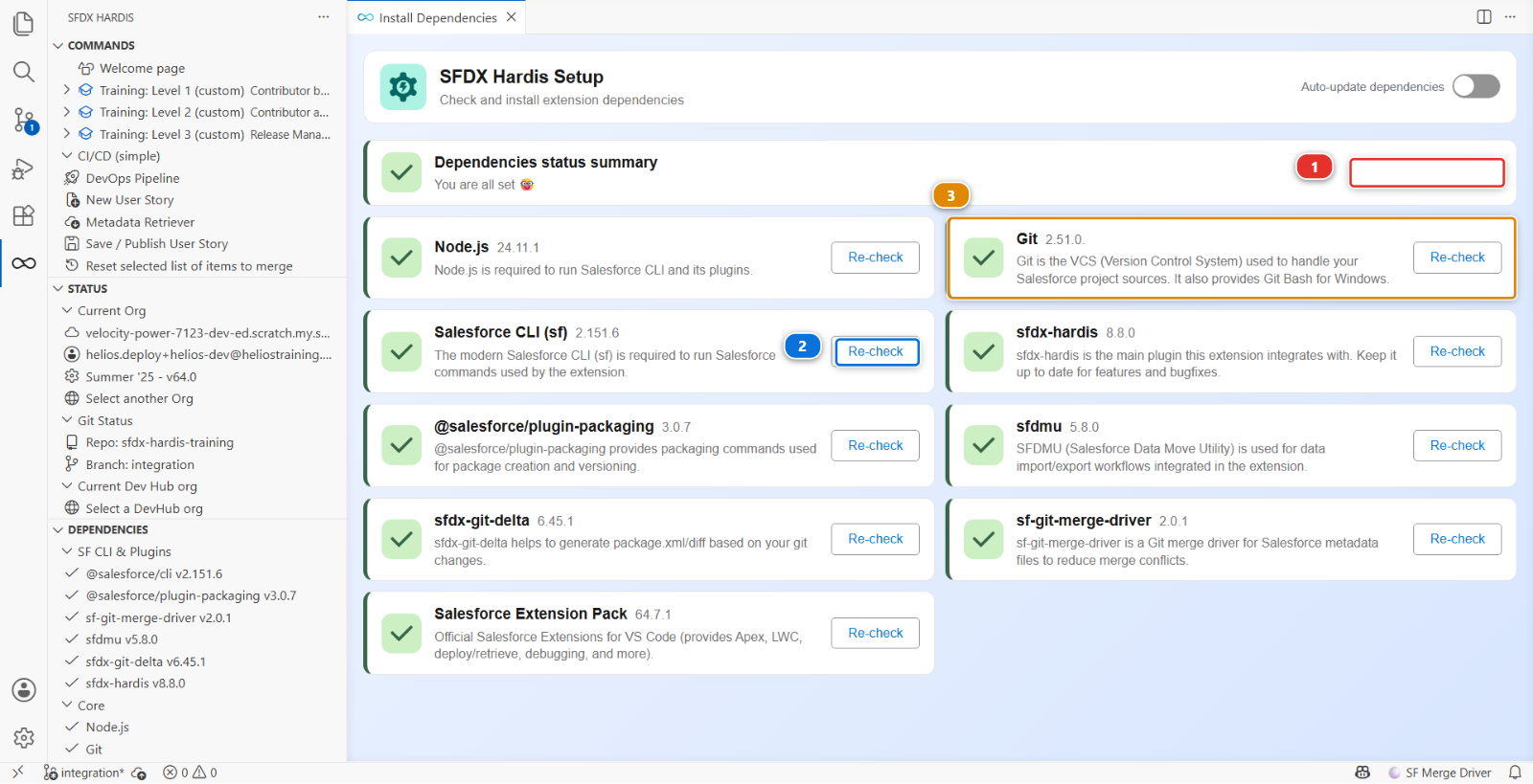 The Setup panel, listing every dependency with its version