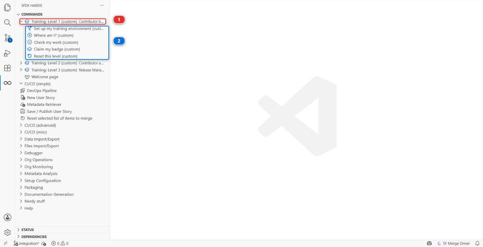 The Level 1 training menu in the sfdx-hardis command list