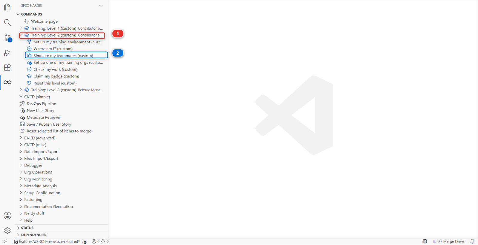 The Level 2 Training menu of the sfdx-hardis command list