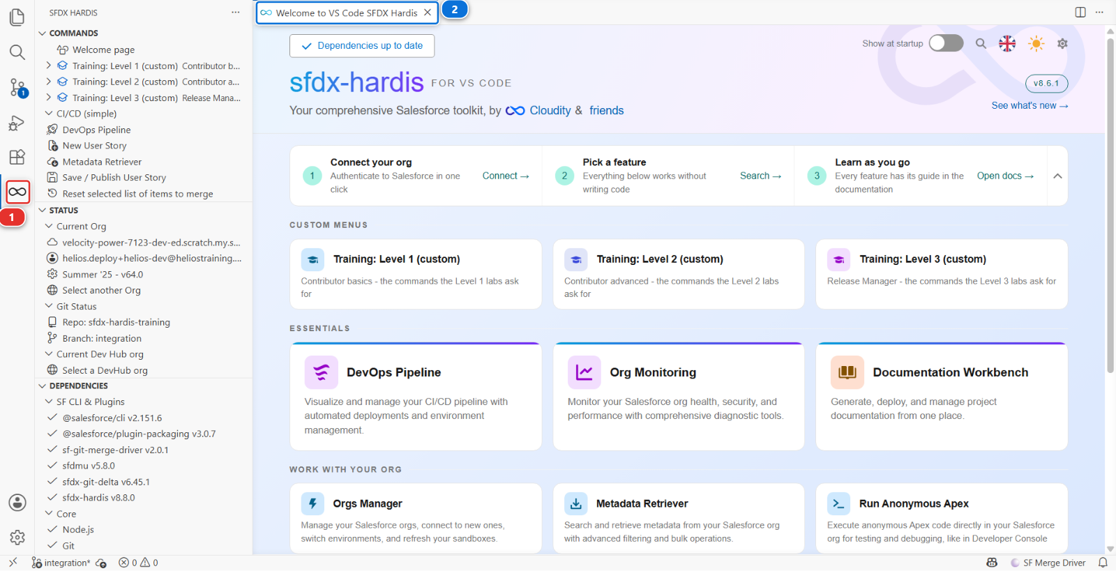 VS Code with the sfdx-hardis Welcome tab open