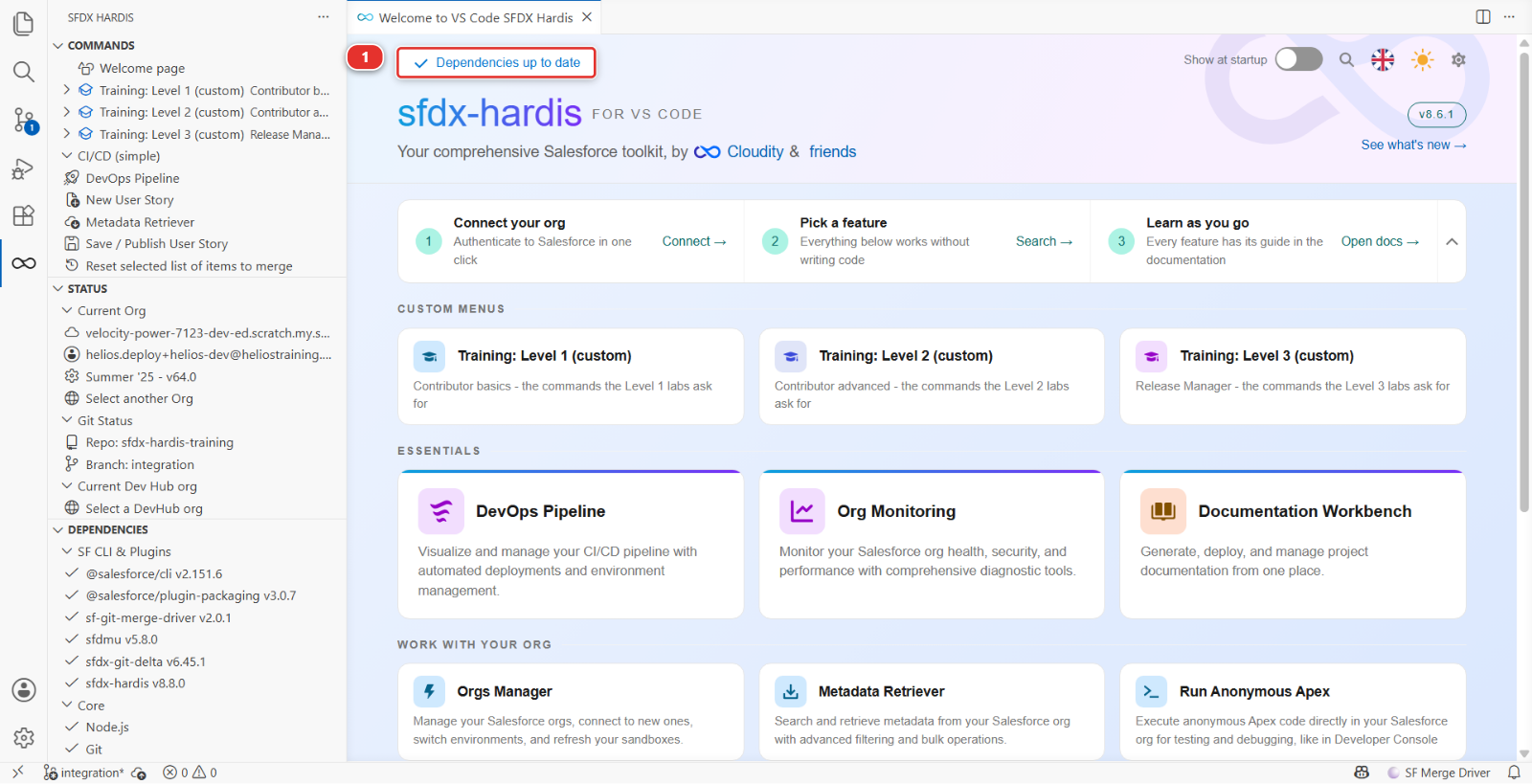 The Welcome page header, with the dependency-state button at its left