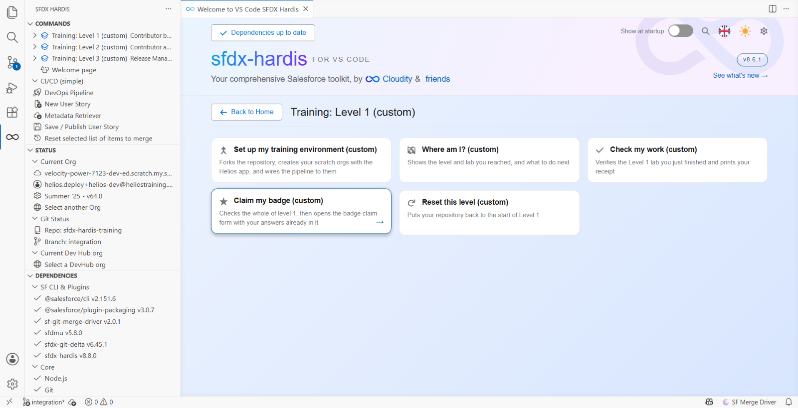 The Level 1 training menu, opened on the Welcome page