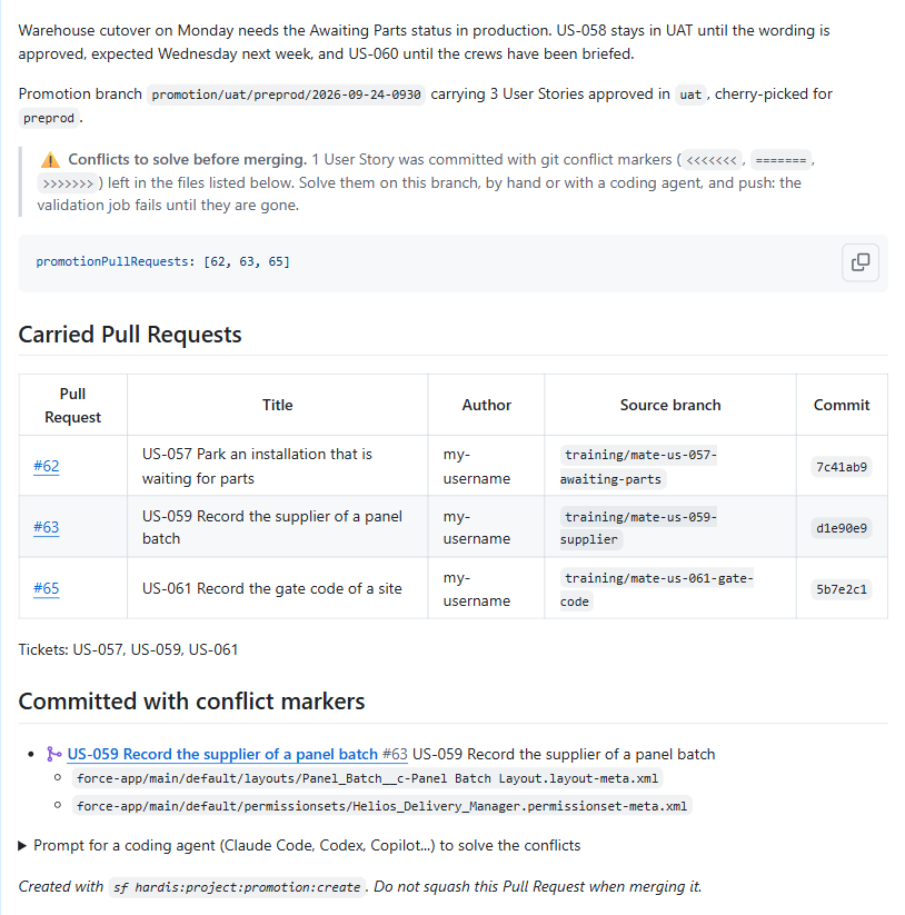 The description of the promotion Pull Request on GitHub, with the warning, the declaration block, the carried table and the folded prompt