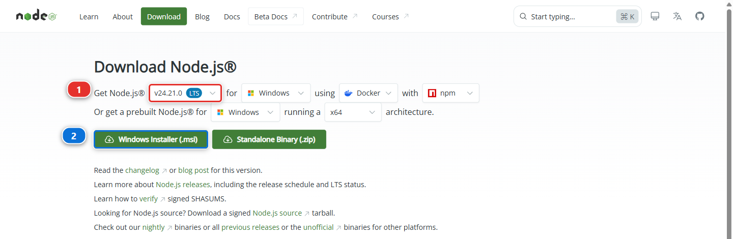 The Node.js download page, with the version selector and the installer buttons