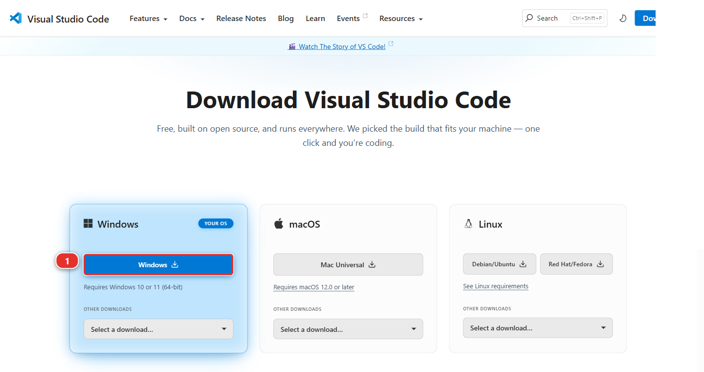 The Visual Studio Code download page, one card per operating system